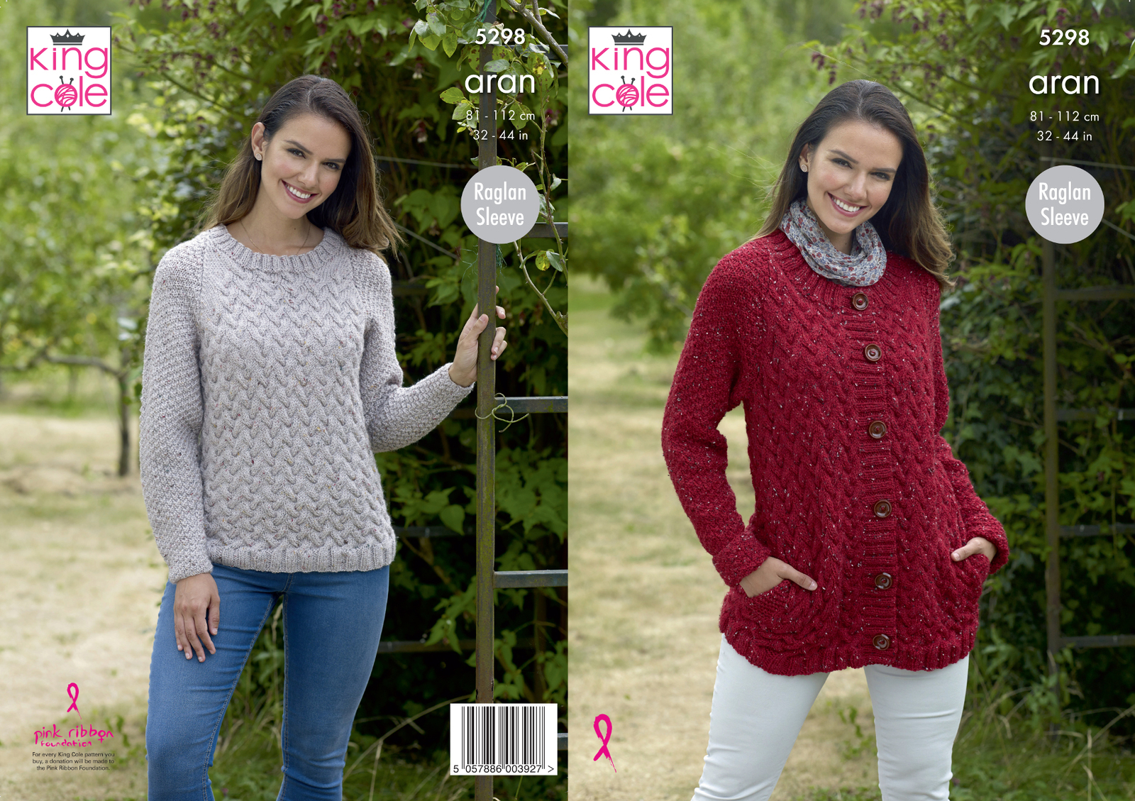 Womens Raglan Sleeve Cable Jumper & Jacket Knitting Pattern King Cole Aran 5298