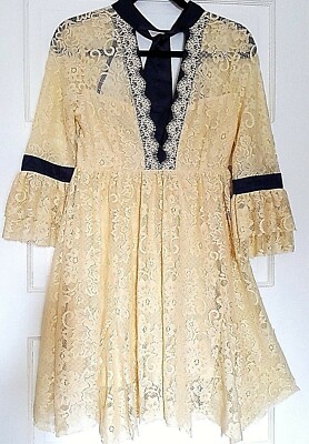 Free People Women Party Ivory Beige Cream Black Gilded Lace Mini dress XS 2  $168 | eBay