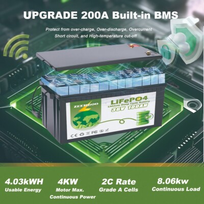 36V 100Ah LiFePO4 Lithium Battery For Golf Cart in 200A BMS, Max.Power 7.68kW