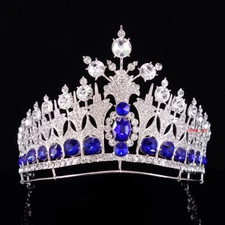 10.5cm Tall Large Blue Crystal Crown Tiara Wedding Queen Princess For Women