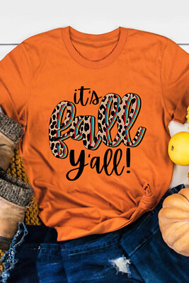 Women Orange Its Fall Leopard Print Casual T Shirt Fall Fashion Graphic Tees 