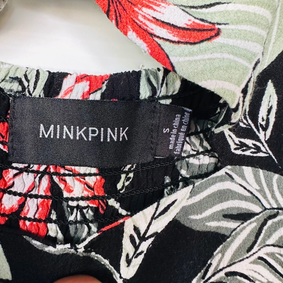 ⭐Mono Mujer Visón Rosa Revolve Talla S Negro Floral Tropical Sin Mangas Corbata Delantera Foto 4 de 4