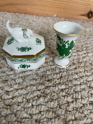 Herend handbemalte chinesische Blumensträuße Apponyi Katze Schmuck Box & Vase