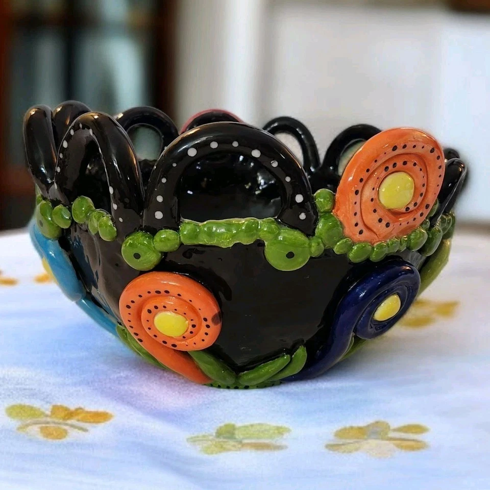 Raro ÚNICO Flores Aplicadas Arte Tazón de Cerámica Hecho a Mano Firmado Pintado a Mano 5.75"T EC Foto 2 de 4