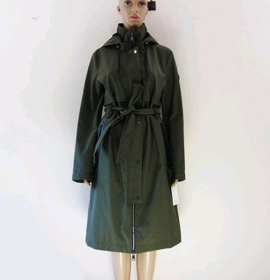 DKYN Long Waist Belt Trench Coat  Water Resistant Full Zip Hooded (M) Green NWT!