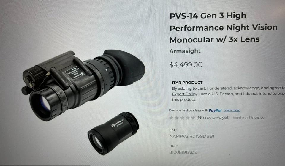 Armasight PVS-14 Gen 3 High Performance Night Vision Monocular W/3x Lens - Image 2 of 4