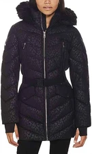 Michael Kors Logo Leopard Belted Hooded Down Puffer Coat Black