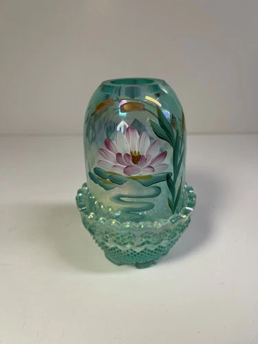 Fenton Art Glass Blue/Green Candle Holder ~ Hand painted by J. Reynolds