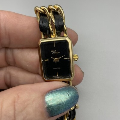 Saint Laurent Womens Watch 18mm Gold Tone Chain Black Leather New