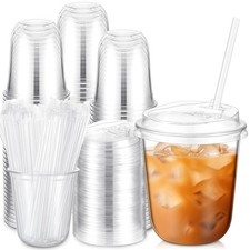 100 Pcs 12oz Clear Plastic Cups with Lids and Straws, Disposable Iced Coffee ...