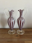 Pair of Vintage Venetian Italian Murano Art Glass Footed Latticino Ewers Pitcher