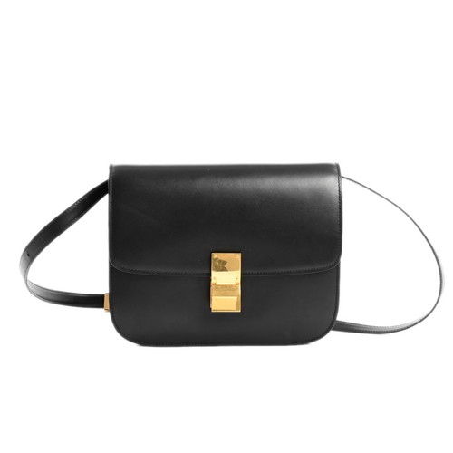 Celine Classic Box Medium Shoulder Bag Black Calf Leather Used From Japan