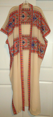 Vtg 1980s Handmade  Multicolor  Embroidered Beige Bisht Cape/Robe O/S