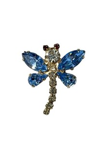Vintage Gold Tone Rhinestone Blue Wing Red Eye Dragonfly Insect Brooch Pin