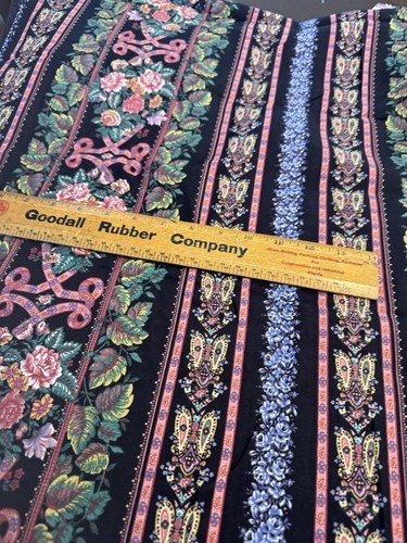 Vintage Baumwolle Quilt Stoff Streifen Floral auf Schwarz Victorian Springs Ind. 1 YD - Bild 2 von 11