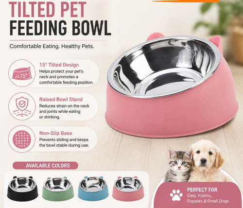 Cat Dog Bowl Tilted Stainless Steel Pet Feeder Food Water Feeding Dish UK