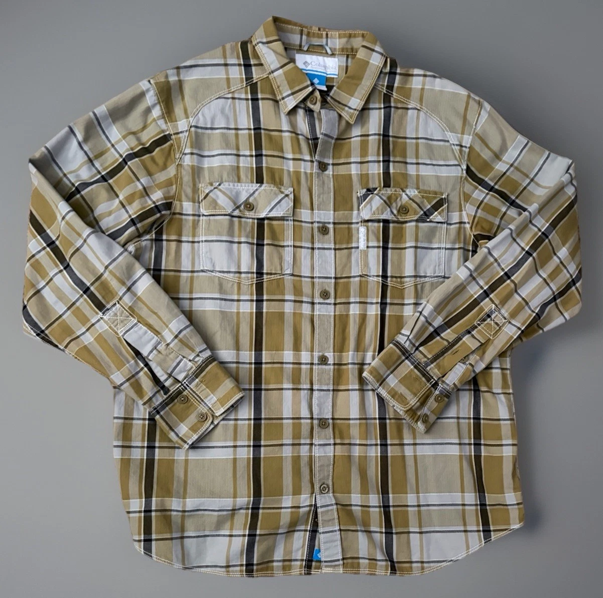 Columbia Long Sleeve Button Up Shirt Checker Plaid Logo Brown White Large JBHS