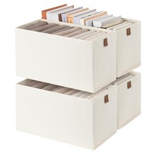 4 PCS Small Fabric Storage Bins Narrow Baskets Shelves PU Handle Beige Cloth