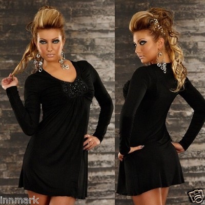 LÄSSIGES BESTICKTES LANGARM MINI SCHWARZ KLEID/TUNIKA ONE SIZE REGULAR / 028