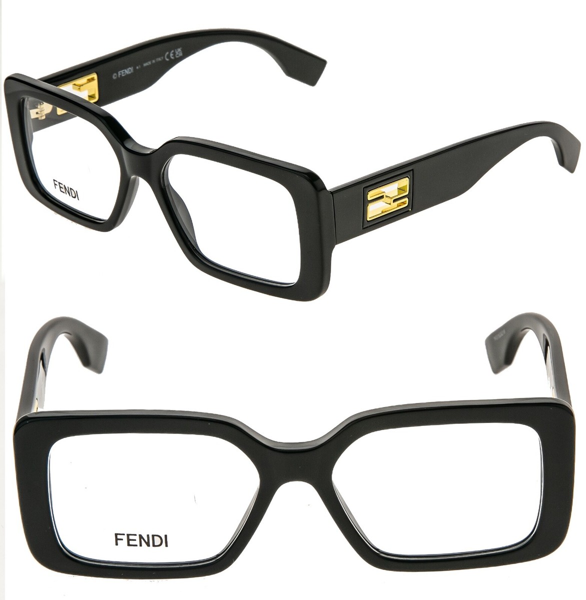FENDI BAGUETTE Cut Out LOGO 50072 001 Black Eyeglass Optical Frame