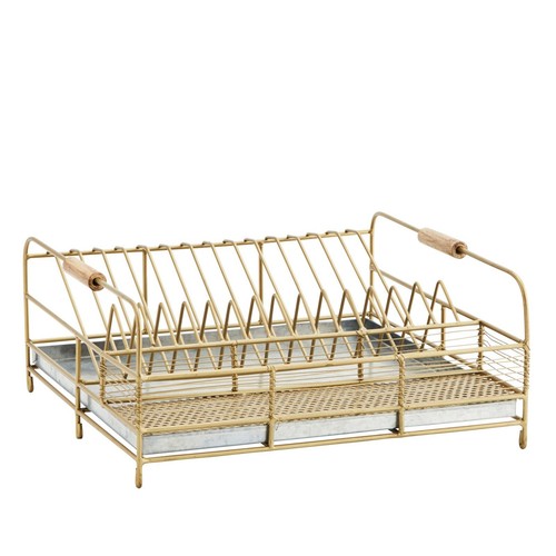 Low Antique Brass Gold Dish Rack with Tray, Metal Wire Washing Up