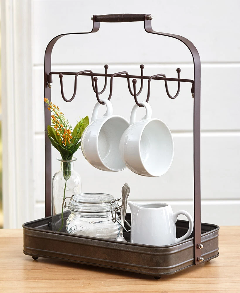Farmhouse Coffee Cup Mug Rack Holder with Tray Organizer Hooks Storage Kitchen