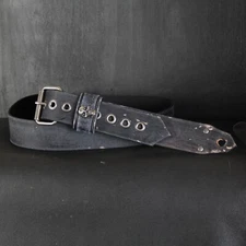 Rocker Distressed Leather Guitar Strap. Skull & Buckle Design. Handmade. Black