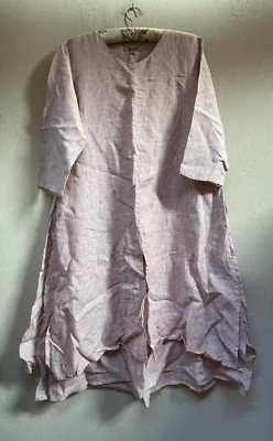 Flax Womens 3/4 Sleeve High-Slit Linen Layered Midi Dress Medium Lagenlook New