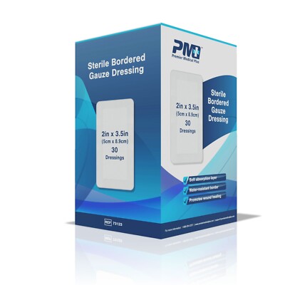 Premier Medical Sterile Bordered Gauze Wound Care Dressing 2x3.5 (2 Boxes of 30)