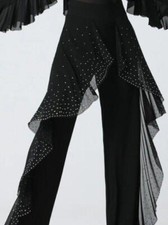 Womens High Waist Ruffle Pants Rhinestones Ballroom Latin Dance Trousers Red