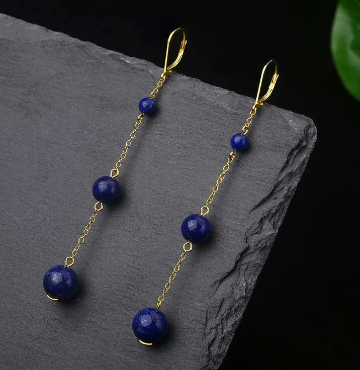 B09 Orecchino Lapislazzuli Blu Gocce Sfere Argento Sterling 925 Placcato Oro - Immagine 2 di 4