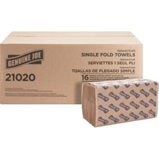 Genuine Joe Single-Fold Natural Paper Towels - 16 Packs (21020)