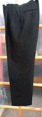 Vintage Pinstriped Trousers Retro Mens 38X32 Gray Pleated Front Cuffed Tailored