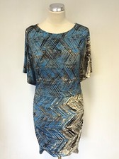NINE WEST TURQOUISE,BLACK,CREAM & BROWN PRINT SHORT SLEEVE STRETCH DRESS SIZE 10