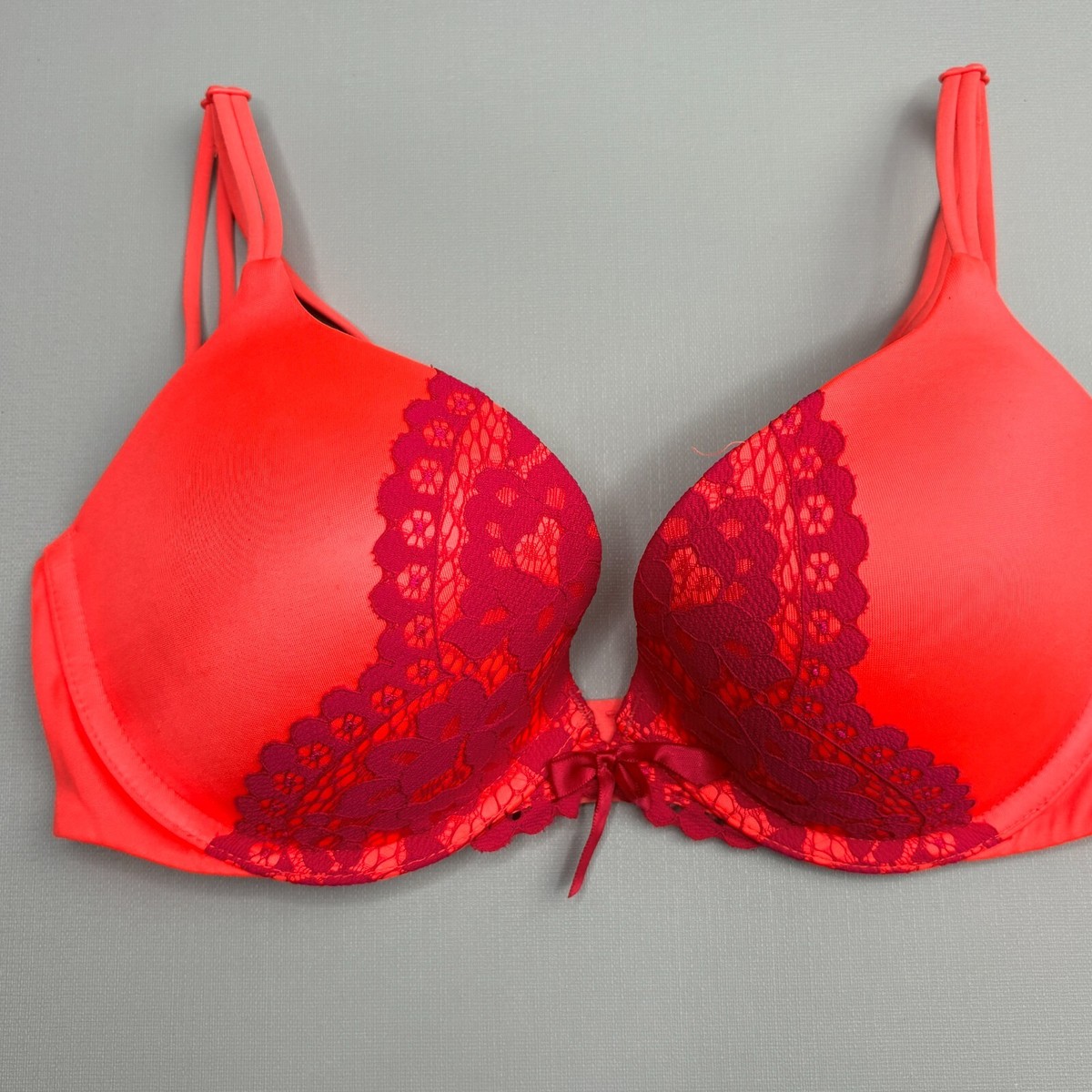 Victoria Secret Push Up Bra 32D Plunge Neon Pink Underwire Purple