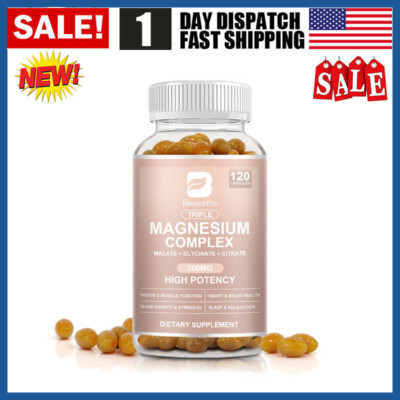 120 Caps Triple Magnesium Complex Supplement - Mag Glycinate, Citrate, Malate