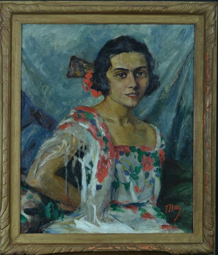 Ancien Tableau Portrait de jeune fille Costume Espagne 1930 Mag hst cadre