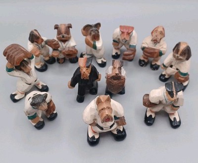11 ANRI Vintage Wood Carved Dogs Baseball Team w/Umpires 2.5'' Tall