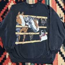 Vtg Sun Sportswear Crewneck Sweatshirt Adult L Horses Equestrian Shepherd Dog