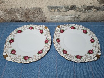 Roslyn Fine Bone China Kuchenteller x2 rot rosegold vergoldet England Vintage
