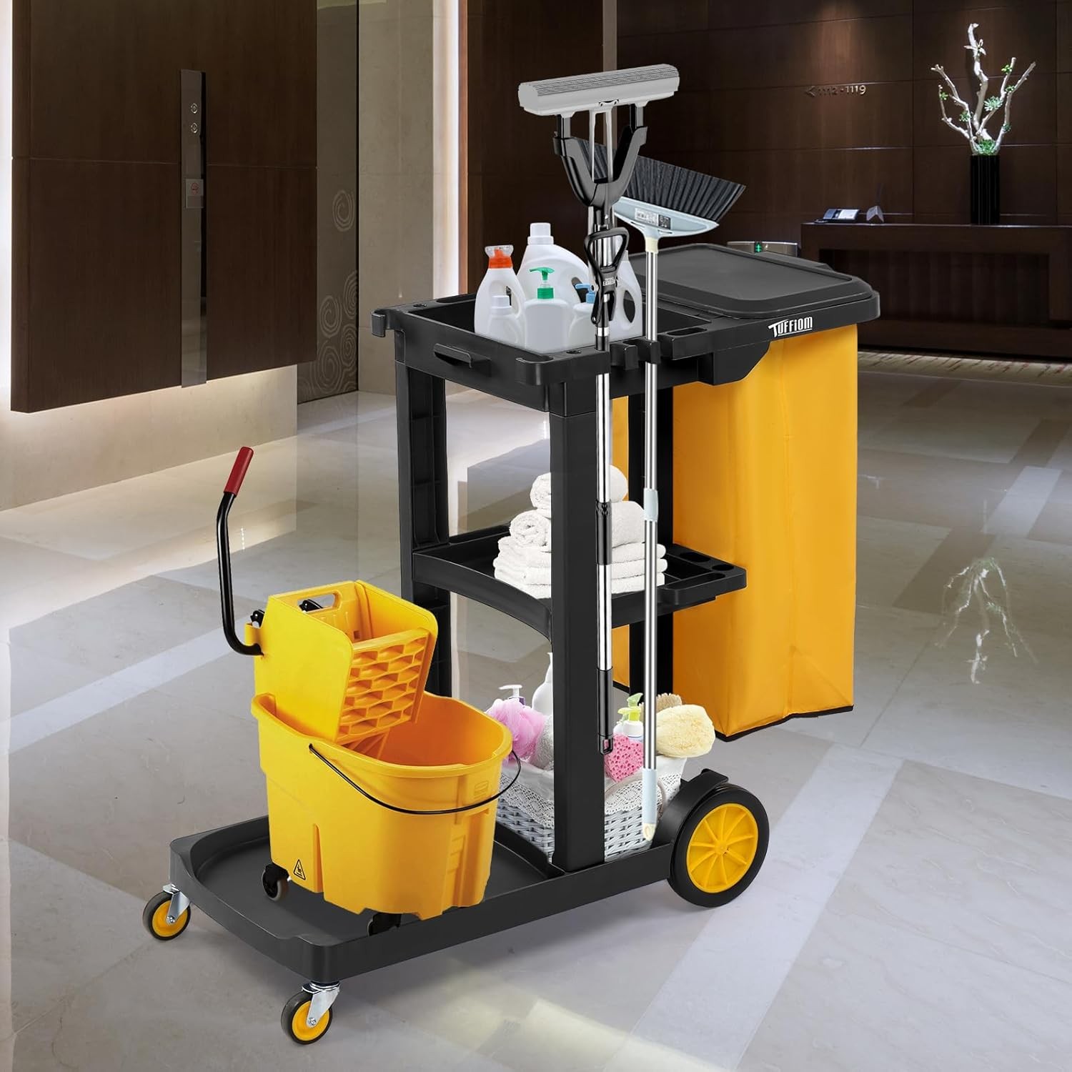 500 Lbs Capacity Janitorial Cart 3-Tier Rolling Cart w/ 15-Gallon Collection Bag