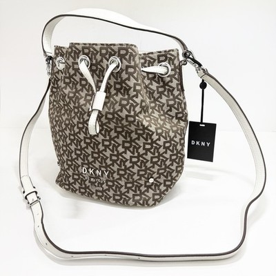 DKNY Erin Bucket Bag Brown Logo Print Drawstring Crossbody R01JF102 NWT New