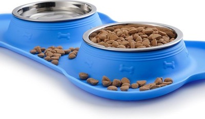 2 Stainless Steel Cat Dog No Spill Bowls with Non-Skid Silicone Mat & Scoop Blue