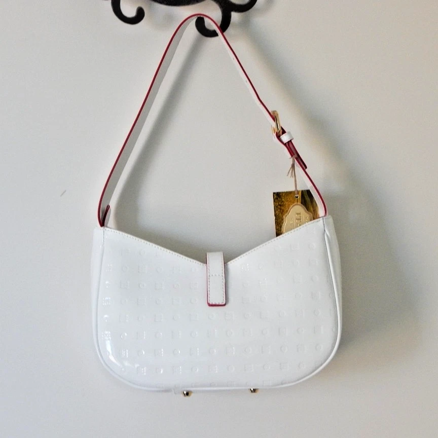NWT ARCADIA Debossed Patent Leather Top Zip Tube Lock Shoulder Bag White Italy - Image 4 of 4