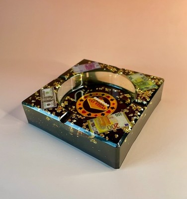 HANDMADE Poker Aschenbecher - Resin Unikat - Casino Gold Design - 9,5x9,5cm