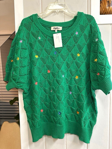 Haptics Green Open-Knit Embroidered Crewneck Pullover Sweater 3/4 Sleeve 3X