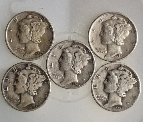 Mixed Date Mercury Silver Dimes | Lot of 5 | 1941–1945 War Years | VG/VF