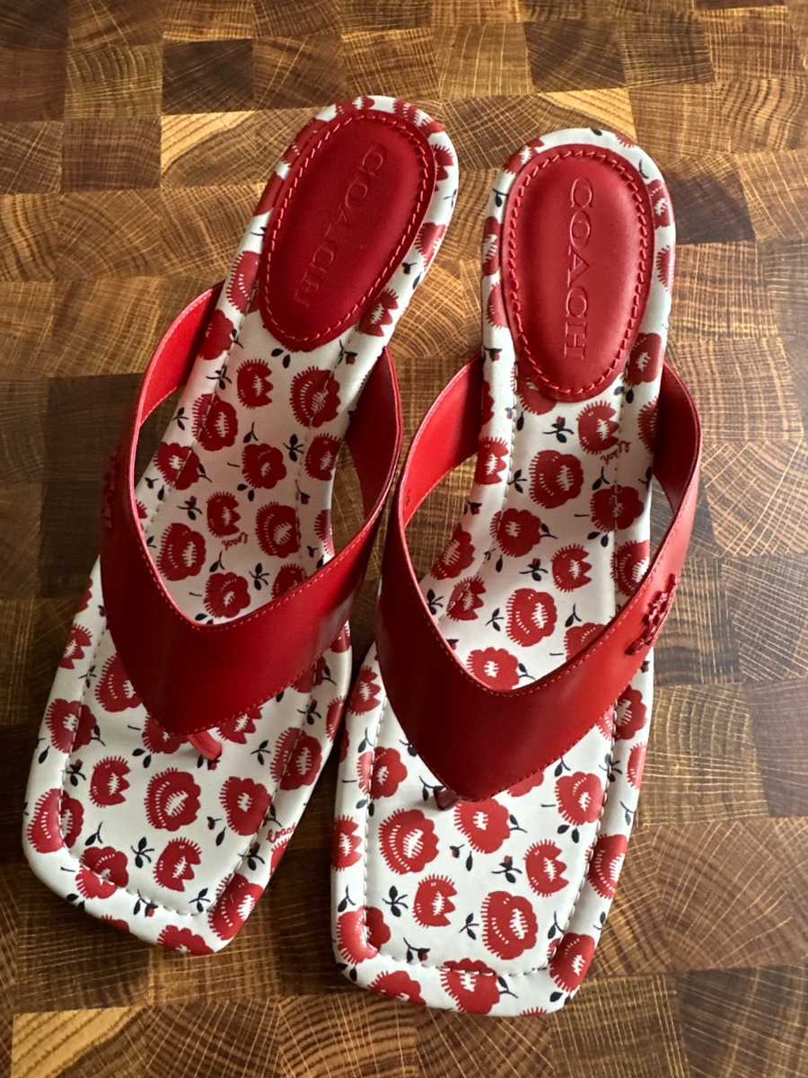 NEW COACH Women's Thong Kitten Heel With Floral Print Bold Red