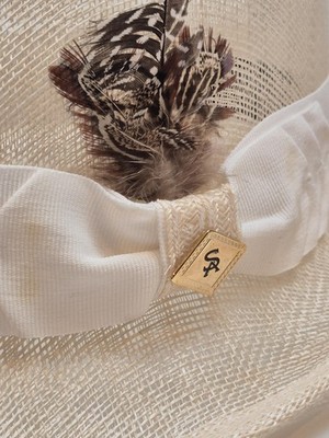 Stacy Adams Cream and Tan Straw Fedora with Feather Trim Stacy Adams Hat Fedora Fitted Mens M Beige Straw Feather  main image 4