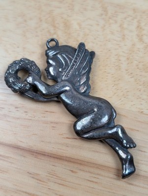 Gorham EP Cherub Angel Pendant 1985 Winged Cupid Wreath Silver Tone Vintage 